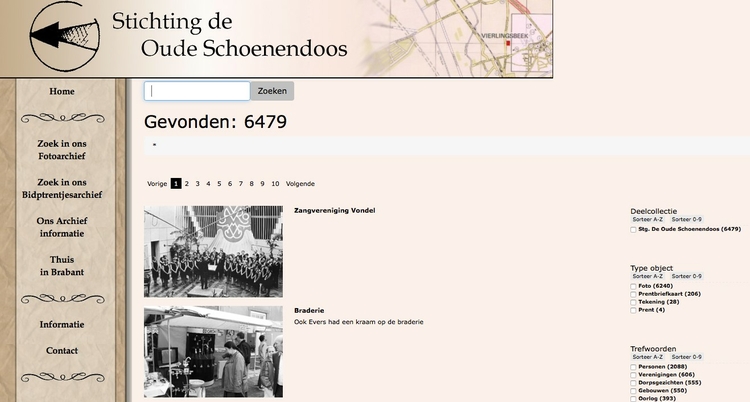 Screenshot van de collectiesite van Stichting de Oude Schoenendoos