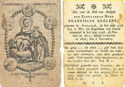 Oudste bidprentje van priester Franciscus Boelens (Bron: Heemkundekring Made en Drimmelen)